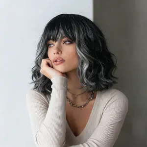 12 Inch Black & Gray Wavy Bob Wig with Bangs