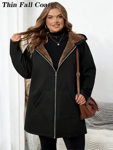 FINJANI Women's Plus Size Minimalist Solid Color Long Sleeve Zipper-Front Hooded Casual Wear Coat - Style-Focused Lady's Comfortable Lightweight Cotton Fabric Outerwear with Fur Accent for Autumn Winter,summervibes