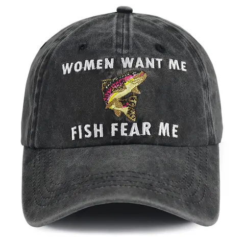 Men's Adjustable Washed Cotton Embroidered Fish Baseball Cap - Funny "Women Want Me Fish Fear Me" Hat, Smooth Animal-Themed Accessory for Fly Fishing Lovers, Boyfriend Anniversary Easter Gag Gift