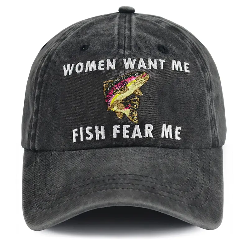 Men's Adjustable Washed Cotton Embroidered Fish Baseball Cap - Funny "Women Want Me Fish Fear Me" Hat, Smooth Animal-Themed Accessory for Fly Fishing Lovers, Boyfriend Anniversary Easter Gag Gift