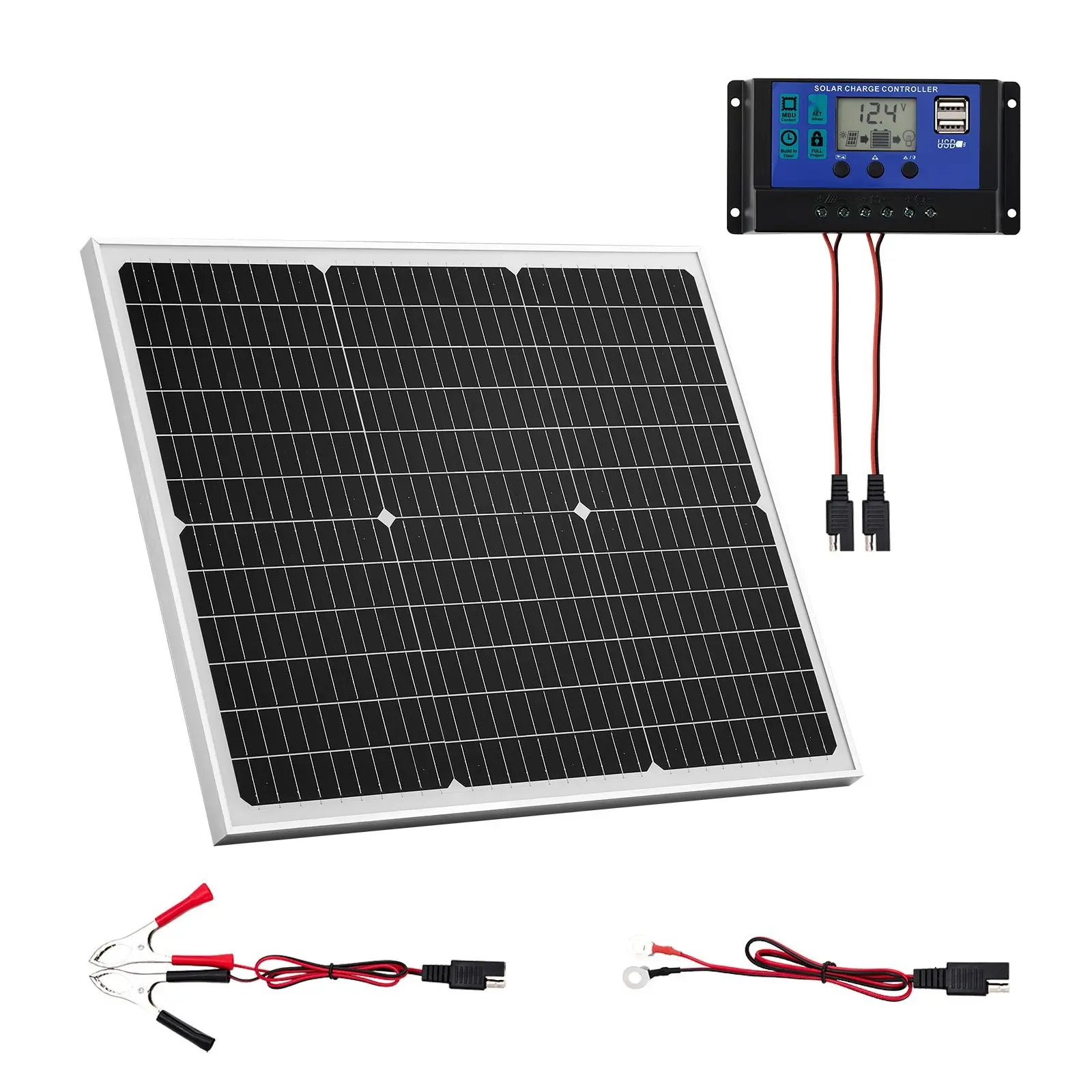 50W 12V Solar Battery Charger Maintainer, Mono Solar Panel Trickle Charger With Upgraded MPPT Controller, IP65 Waterproof Design For Cars Boats RV Trailers Flat Roof Installations, Bracket Not Included