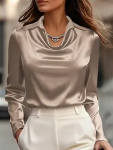 Elegant Satin V Neck Shirt for Women, Womenswear Fashion Long Sleeve Office Commute Silk Fabric Top, Perfect for Casual & Formal Wear