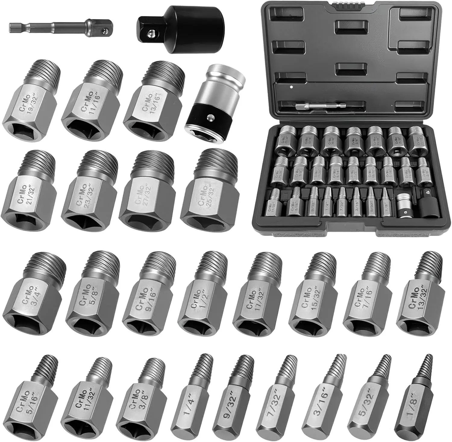 27PCS Upgraded Screw Extractor Set, Premium Cr-Mo Steel EZ Out | Hex Head Bolt Extractor Kit, Heavy Duty Multi-Spline Design for Removing Stripped, Rounded, Broken Screws & Studs