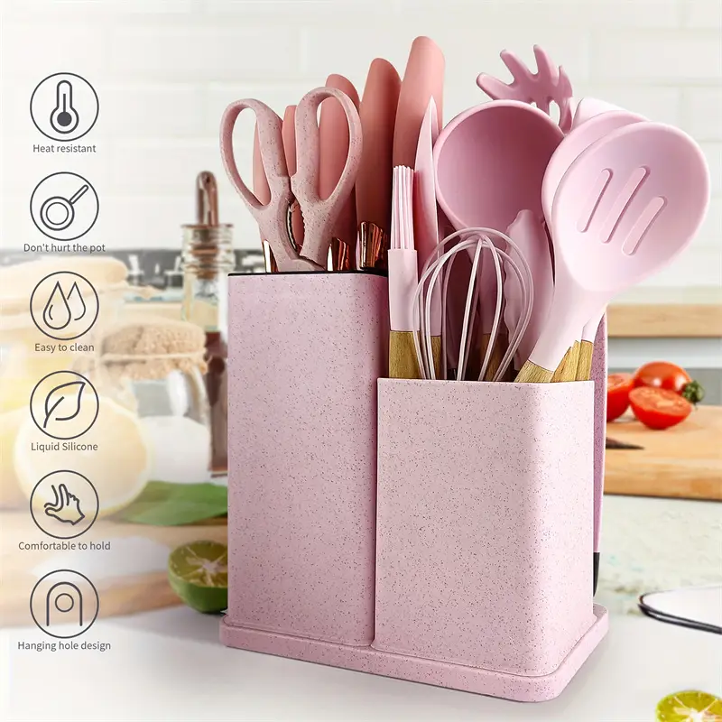 19 high-quality silicone kitchen utensil sets, equipped with wooden handles and chef knives - heat-resistant, non stick pot friendly cooking tools and