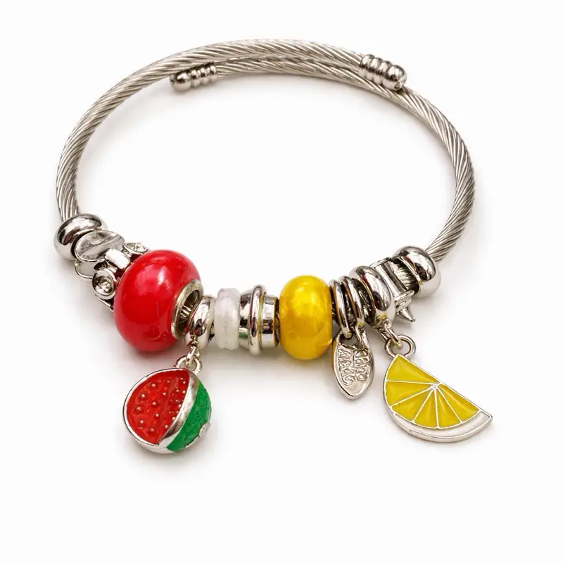 Fruit Charm Bracelet with Red and Yellow Beads and Watermelon Lemon Charms for Women