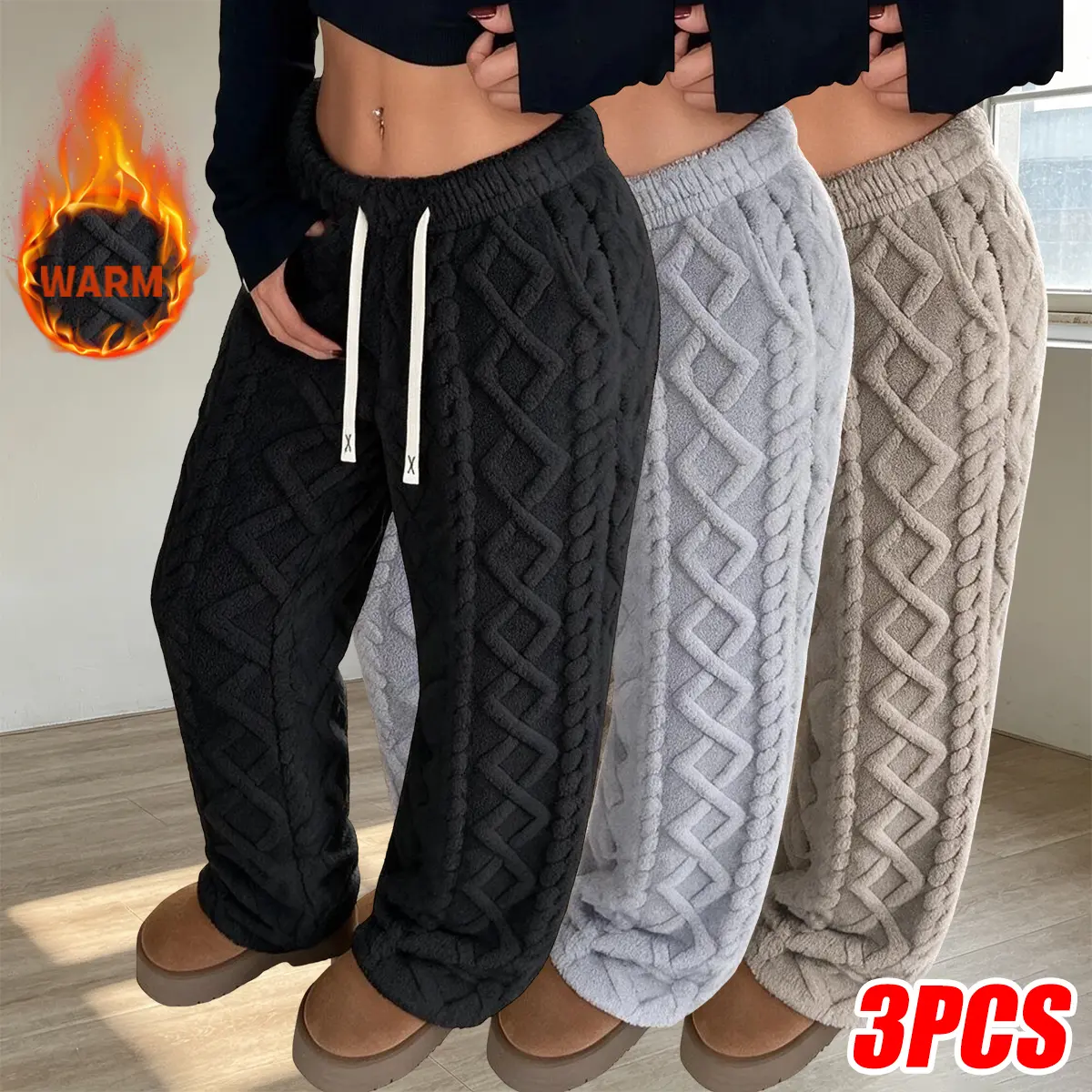 Women’s retro fleece pants, loose straight-leg wide-leg trousers for autumn/winter streetwear, sporty casual wide-leg pants with an adjustable drawstring waistband