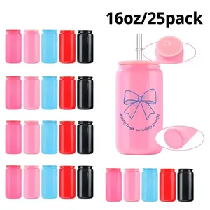 25pcs 16oz Sublimation Colored Glass Cups, with PP Lid, Plastic Straw, Reusable Drinks Beer Cans, Insulation Glass Cans , Suitable for Home and Office, Festive Gifts. Drinkware