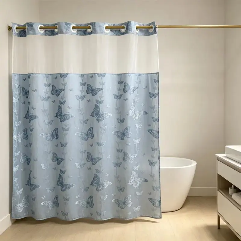 Black Hook-Free Double-Layer Butterfly Flocked Shower Curtain with Mesh Top Window | No-Drill Installation | Easy Setup for Airbnb, Hotel & Modern Home Décor | 72 × 75 in