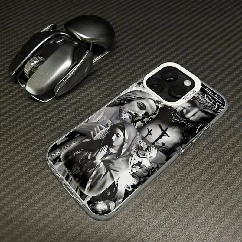 Grayscale Virgin Mary Jesus Chicano Religious Hard PC Phone Case, Compatible with iPhone 7, 8, X, XS, XS Max, 11, 12, 13, 14, 15, 16, 17, Plus, Pro Max, Anti-Slip Smooth Grip, 4-Corner Shockproof, Raised Camera Lens Protection.