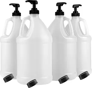1-Gallon Plastic Jug with Pump Dispenser & Black Screw Caps - All Purpose Use, Laundry Detergent, Liquid Soap, Snow Cone Syrup, Durable Industrial-Grade (Pack of 4) Made in USA