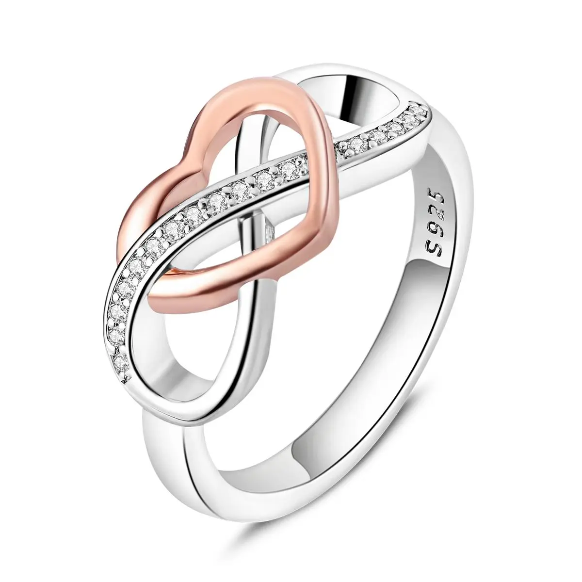 LAZA Infinity Heart Ring for Women, 925 Silver Plated Rose Gold, Sparkling CZ Inlay Promise Ring, Two Tone Love Band, Engagement Wedding Anniversary Jewelry, Eternal Love Symbol Gifts for Her