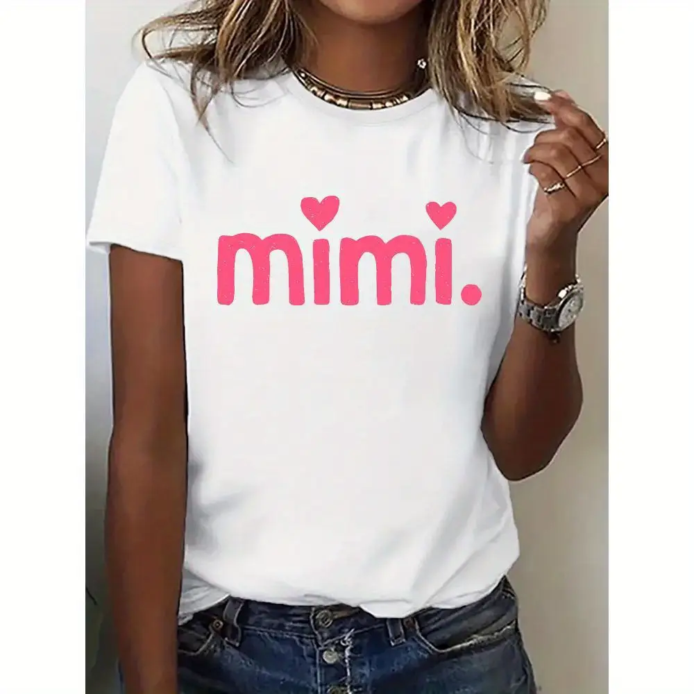 MIMI Letters Printed T-Shirt for Women Casual Daily Wear Soft Comfortable Short Sleeve Crew Neck Fitted Top Summer Streetwear White