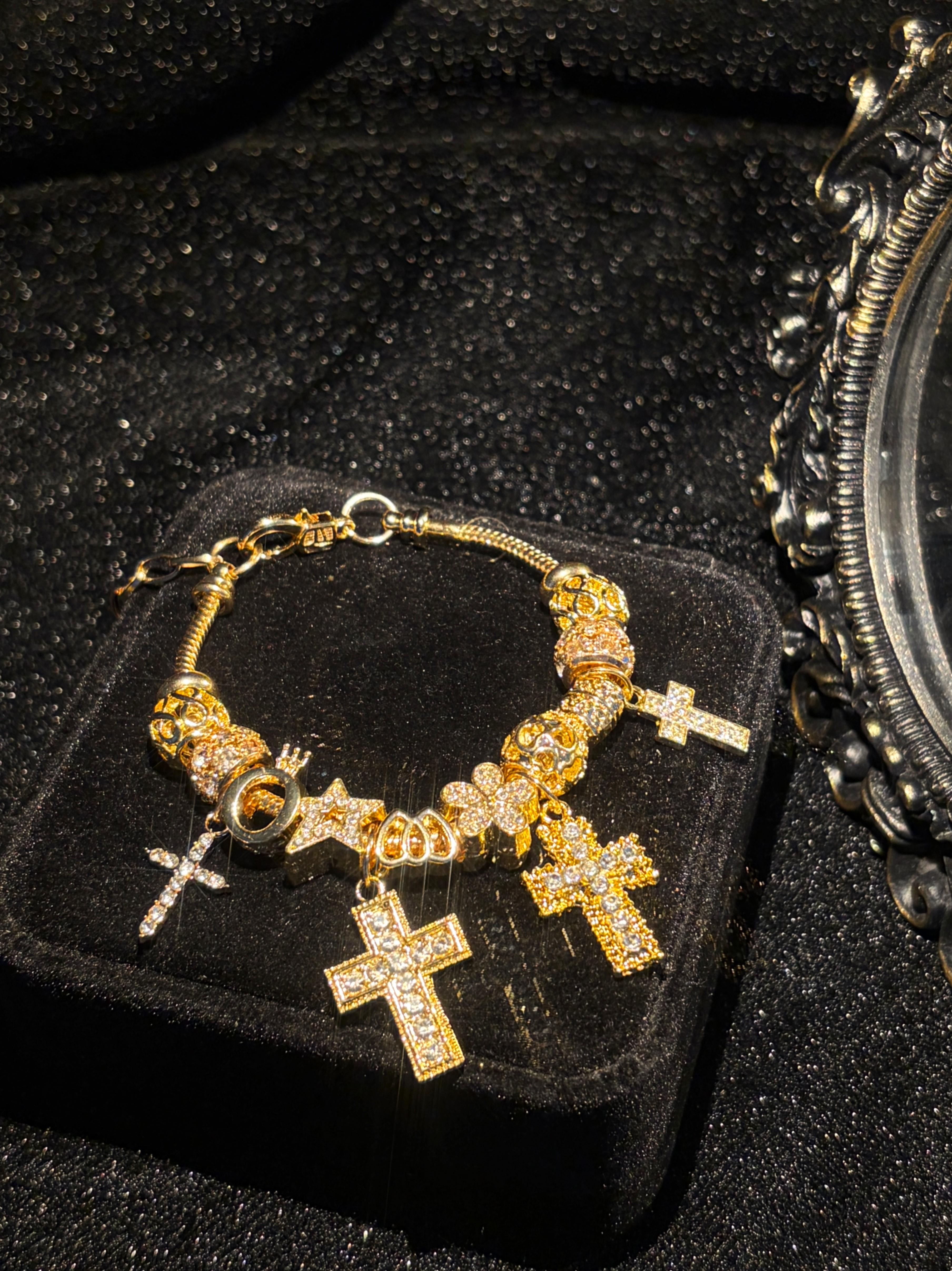 Women's Gold Tone Charm Bracelet, Sparkling Cross & Flower Rhinestone Charms Bangle for Daily Party Wear Women's Gold Tone Charm Bracelet, Sparkling Cross & Flower Rhinestone Charms Bangle for Daily Party Wear
