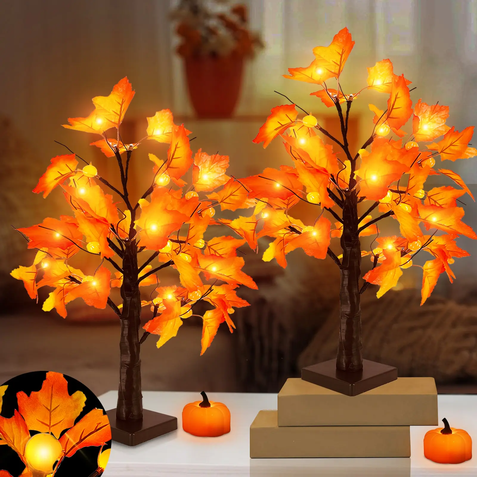 Fall Decor -  2 Pack 18 Inch Prelit Maple Trees with 48 Pumpkin LEDs & Timer, Battery Operated Bendable and Flexible Twigs, Cozy Fall Decor for Table Mantle Thanksgiving Halloween Indoor Outdoor