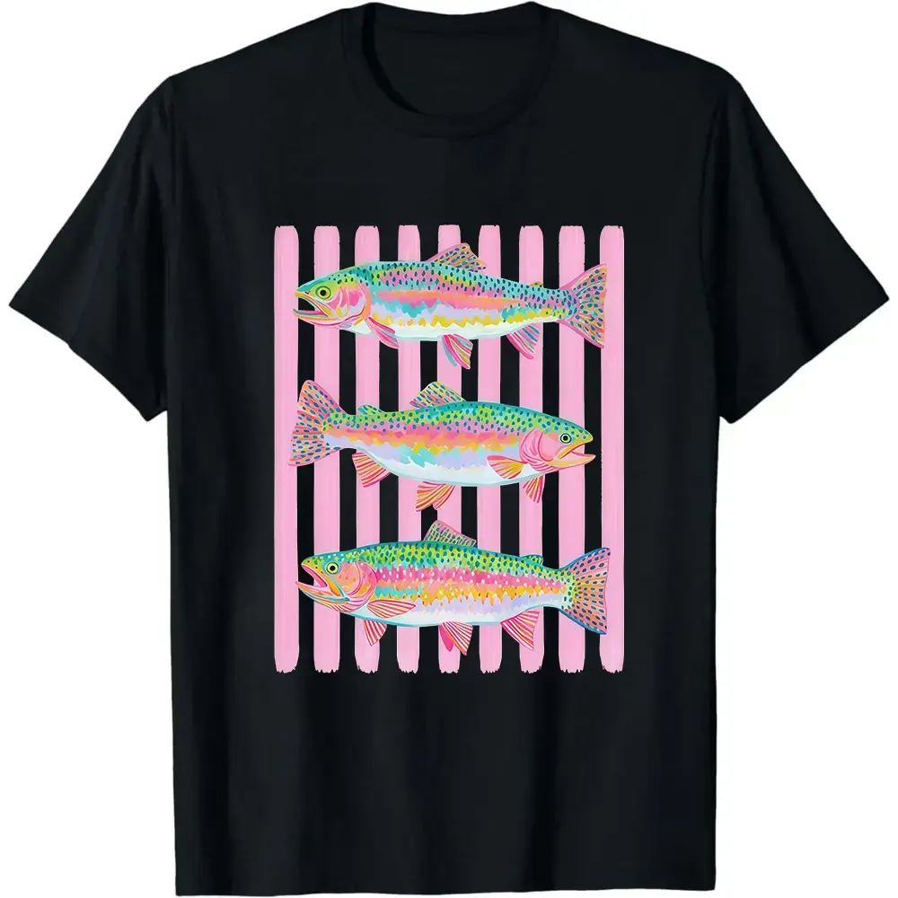 Fish Shirt, Rainbow Trout Fishing Shirt, Preppy Summer Graphic Tee, Bright Color Fish T-Shirt, Outdoor Fishing Shirt
