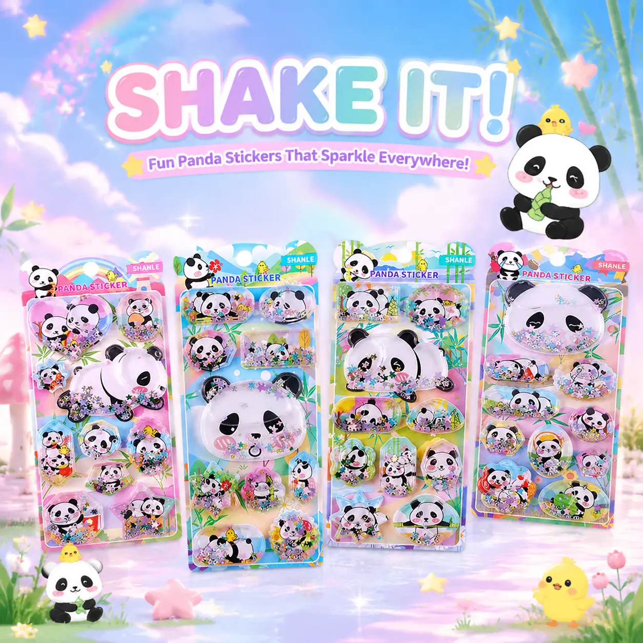 3D Glitter Liquid Panda Shaker Stickers with Glitter Effect & Panda Faces, for Phone Case, Water Bottle, DIY Scrapbooking & Stamping Decorations