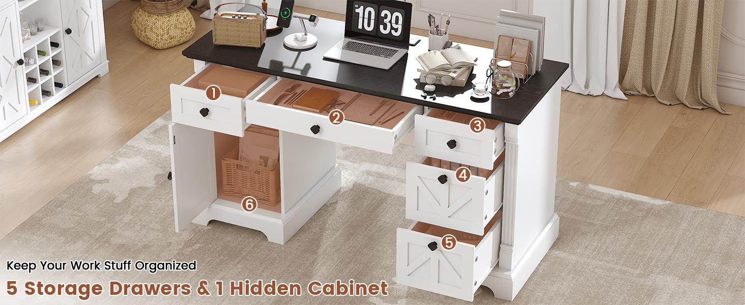 55" Office Desk with Drawers, Farmhouse Executive Desk with Charging Station, Hidden Cabinet, File Cabinet Storage, Wood Computer Desk with 5 Drawers for Work Study Writing, White