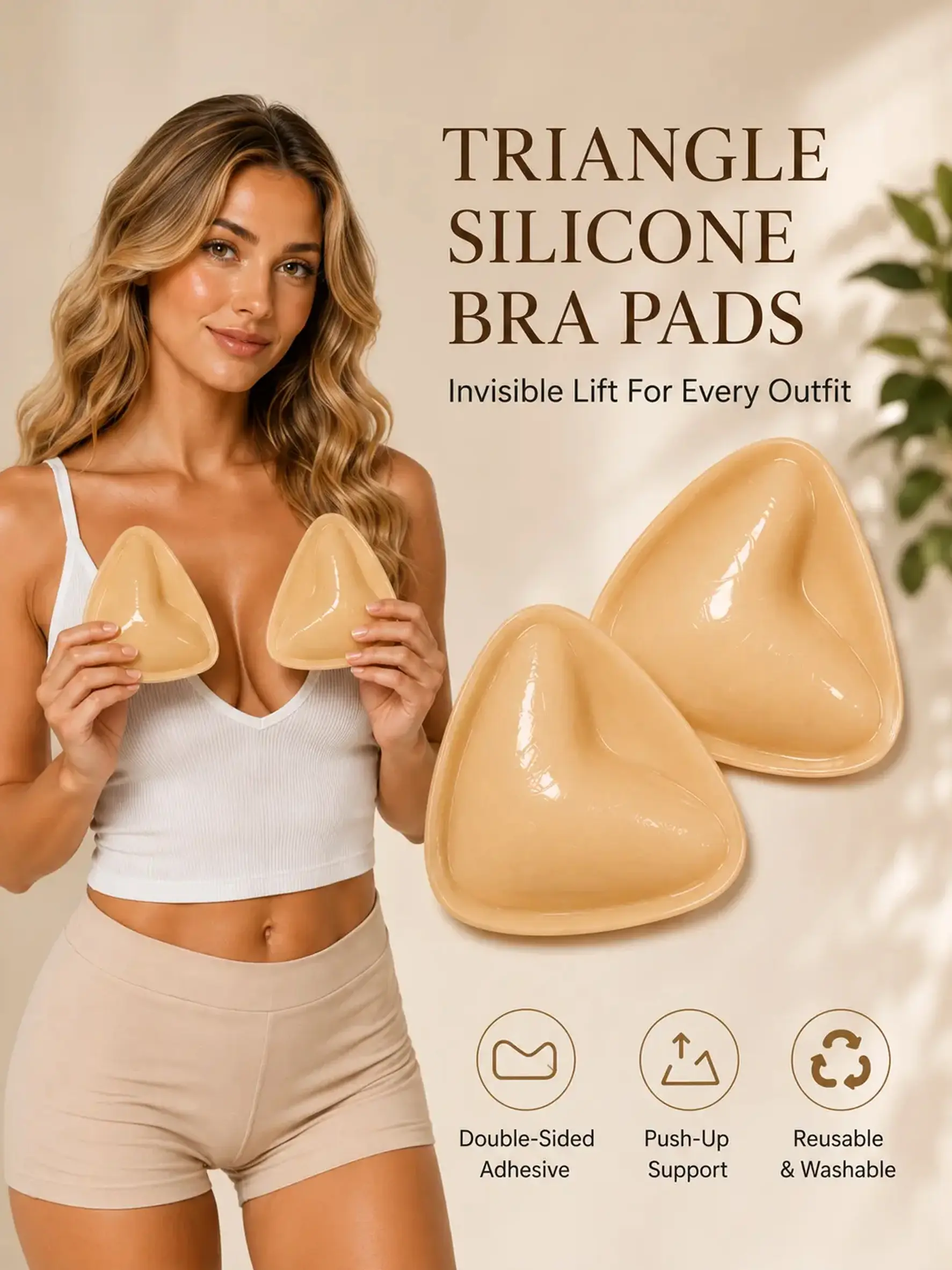 Women's XL Triangle Silicone Push-Up Bra Inserts Accessories, Reusable Invisible Seamless Breast Pads for Dresses, Swimwear