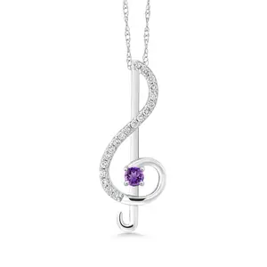 Gem Stone King 10K White Gold Round Purple Amethyst and White Lab Grown Diamond Treble Clef Pendant Necklace For Women By Keren Hanan (0.25 Cttw, Gemstone Birthstone, with 18 Inch Chain)