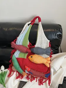 Fashion New Lazy Style Knitted Shoulder Bag, Large Capacity Ethnic Pattern Tote with Flounder Pendant, Holiday Limited Edition