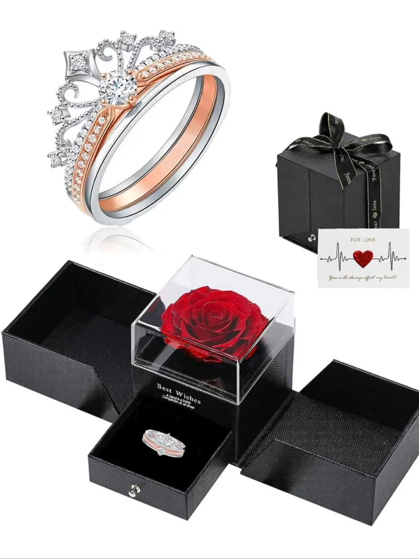 Valentine's Day Gift Firework Castle Ring, Princess Sparkling Diamond Crown Ring, Adjustable Rose Gold Two-In-One Stackable Ring, Statement Multi Ring