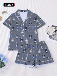 2-piece spring/summer outfit with deep blue and light blue stripes, suitable for street wear with teddy bear print, short sleeved shorts, soft comfortable top, small pocket button closure, elastic waistband, suitable for casual sleepwear, Pajamas
