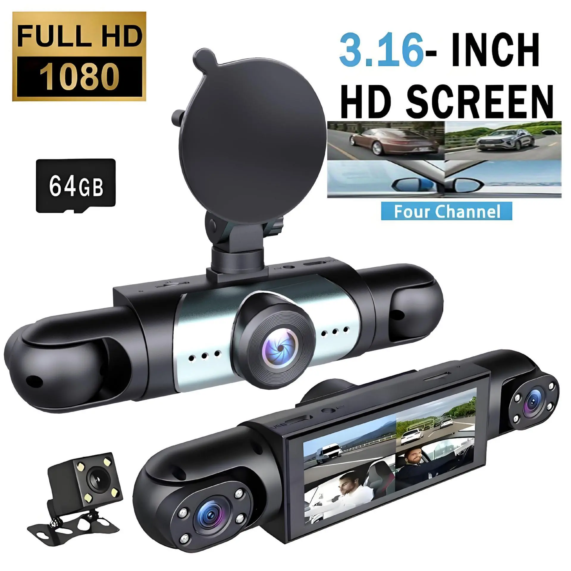 3.16 inch 4-Channel Dash Cam+64GB Card