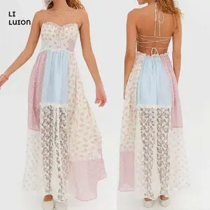 Women Summer Maxi Dress Elegance Mixed Print Patchwork Lace-up Back Sweetheart-neckline A-line Hem Comfort Vocation Dress