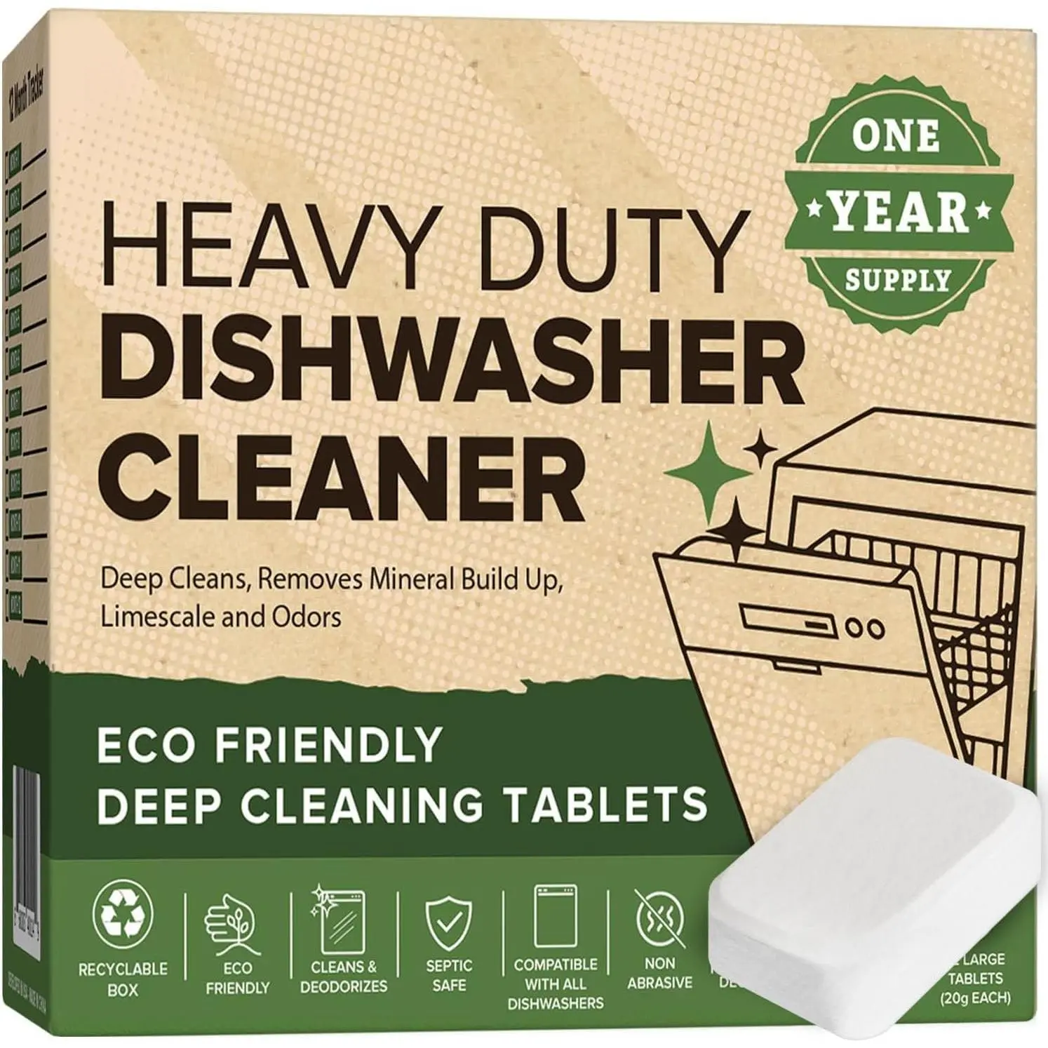 (R) Heavy Duty Dishwasher Cleaner & Deodorizer Tablets, Descaler, Deep Cleaning,  Odor & Smell Remover, Calcium, Limescale, Hard Water Marks, , Septic Safe Pods (12 Tabs 1  )