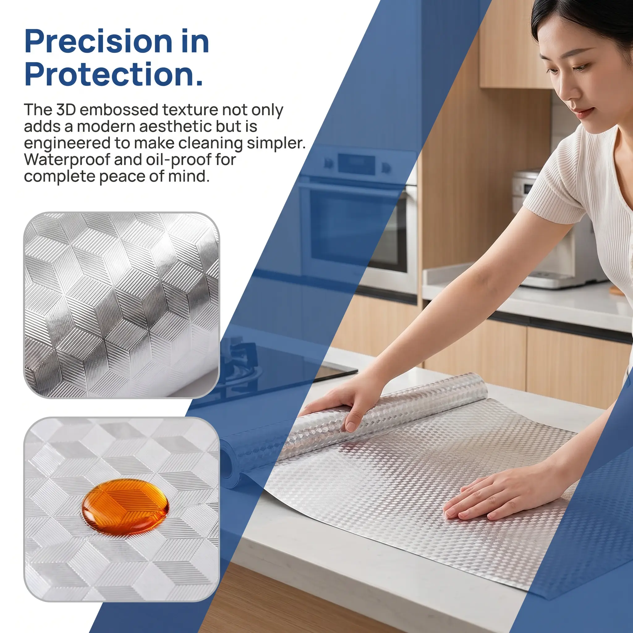Cube Pattern Silver Rectangular Aluminum Foil Peel-and-Stick Contact Paper, Oil-Resistant, Heat-Proof Kitchen Indoor Cabinet Liner, 15.7x118 In Single Roll
