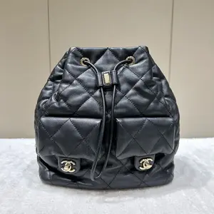 Pre-owned CHANEL leather Shoulder Bags Black & Gold Calfskin 23B Drawstring Duma Backpack (Chip Model) 62593592