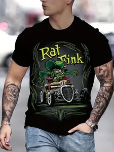 Men's Trendy Rat Fink Mouse 3D Print Short Sleeve T-Shirt 2026 Viral Street Retro Hot Rod Culture Hip Hop Personality Fashion Casual Versatile Slim Fit Standard Bodycon Muscle Guy Four Seasons Essential Ins Net Red Same Handsome Top