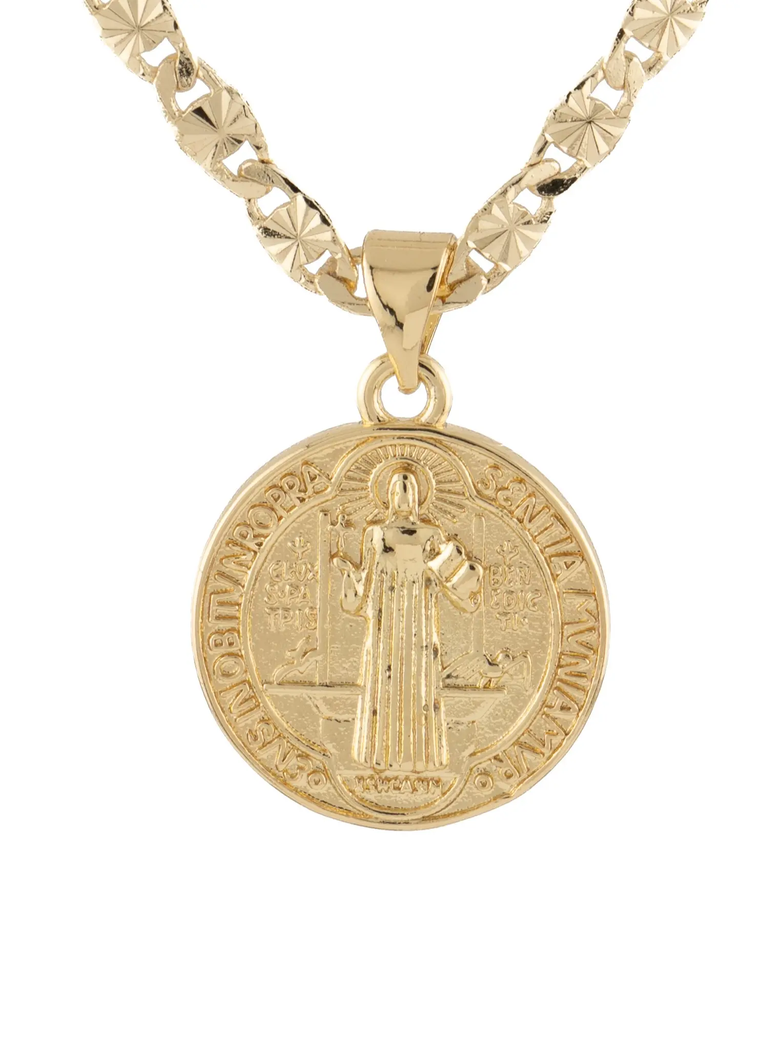 St. Benedict Medal in Gold Laminate with 18 or 24-Inch Chain - Intricately Engraved San Benito Medal for Men and Women - Perfect Gift for Religious Milestones