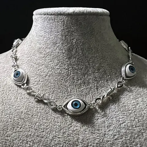 Gothic Blue Eye Necklace, Unique Eyeball Design, Thorny Punk Style, Unisex Party Jewelry, Bold Fashion Accessory for Men and Women, Statement Necklace, Eye Pendant Necklace