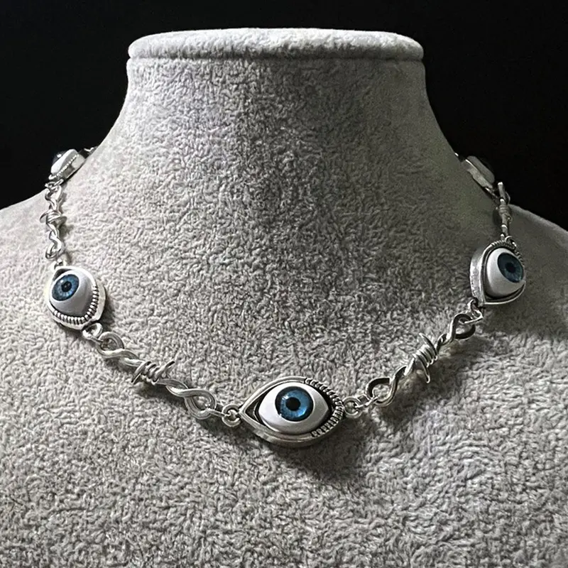 Gothic Blue Eye Necklace, Unique Eyeball Design, Thorny Punk Style, Unisex Party Jewelry, Bold Fashion Accessory for Men and Women, Statement Necklace, Eye Pendant Necklace
