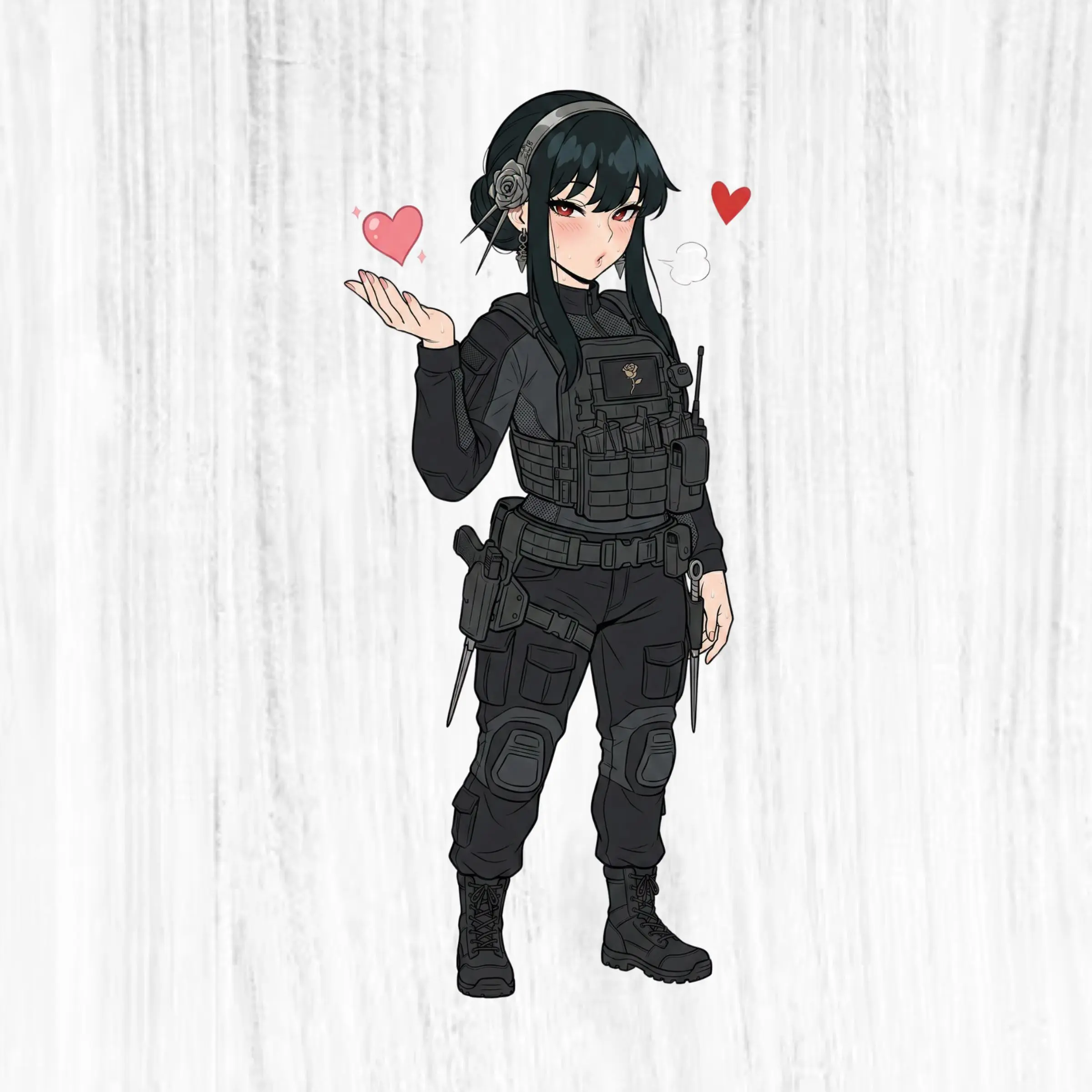 Anime SWAT Girl Sticker – Black Armor, Cute Heart Pose, Tactical Theme – Car & Laptop Decor