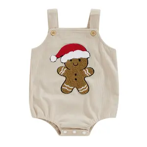 Baby Christmas Overalls Romper Gingerbread Man Christmas Hat Embroidery Sleeveless Jumpsuit