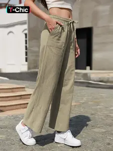 Elegant Women's Linen Woven Casual Pants, Womenswear, Adjustable, High Waist Loose Fit, Drawstring Straight Leg, Plain Pattern, All Seasons, Pocket Design