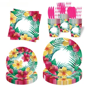 New flower-themed birthday party set, arrangement props, disposable paper plates, paper cups, paper towels, knives, forks, spoons, tableware