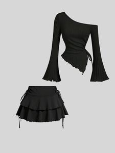 women's solid color long sleeve top & skirt two-piece set, casual fashion cozy top & skirt for daily outdoor wear, ladies spring & fall clothes, matching sets