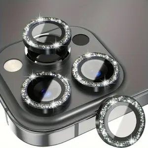 Full Coverage Glitter Tempered Glass Screen Protector for iPhone 16promax 15promax with Lens Stick and Rear Camera Ring