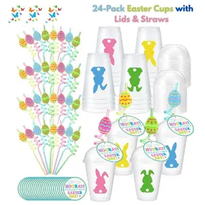 24-Pack Easter Cups with Lids & Straws – 16 oz Reusable Plastic Bunny Tumblers, Clear Easter Bunny Party Drinkware, Colorful Spring Beverage Cups for Easter Basket Stuffers & Holiday Party Supplies