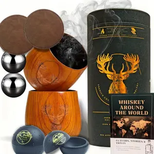 Charred Wooden  Glass  Set of 2 - Hand-Fired Jujube Charred Wooden  Drinking Glass with Stainless Steel Balls, Coasters, Ice Containers &  Book - No Varnish  Barware