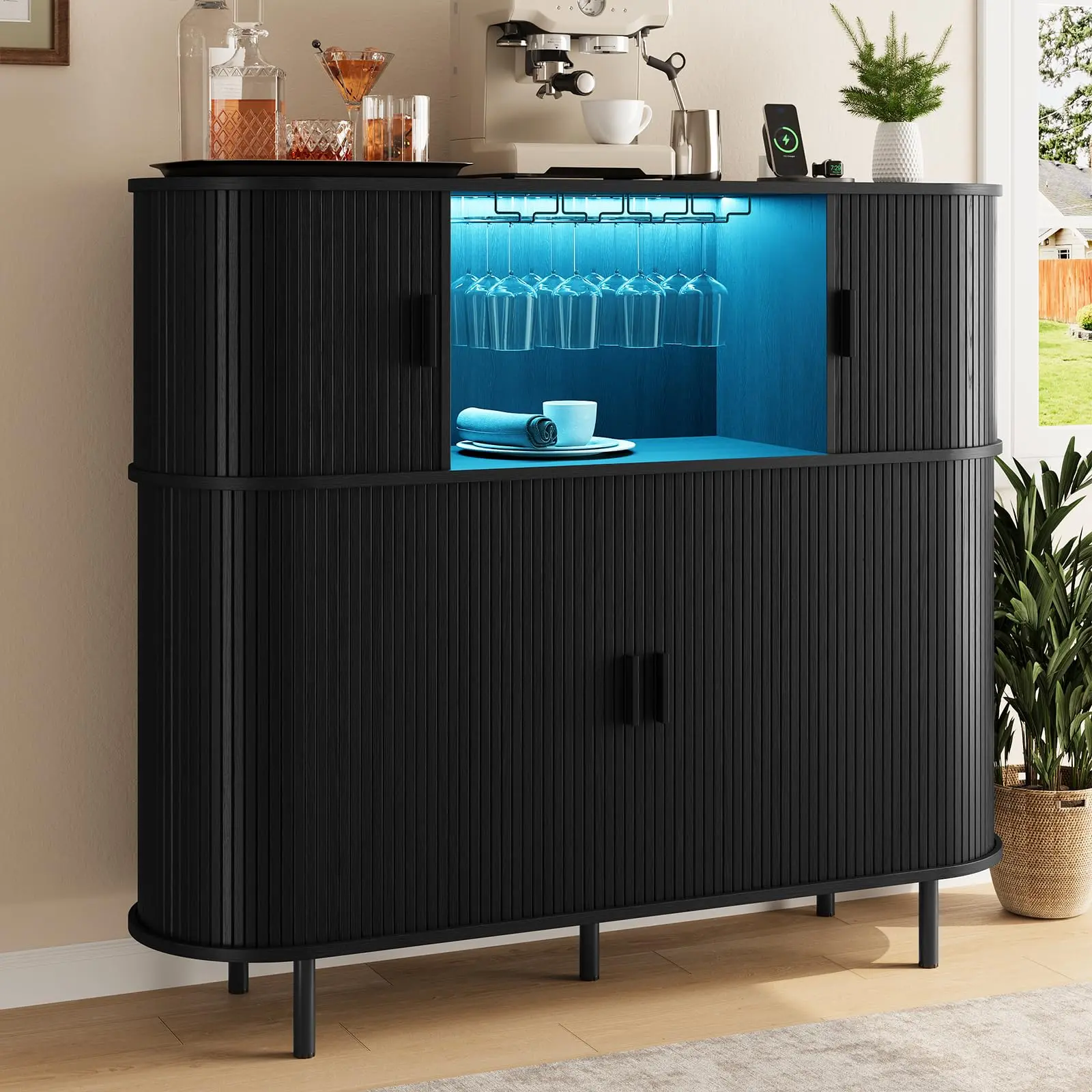 【SummerFinds】ONBRILL 55" Fluted Wine Bar Cabinet with LED Lights Coffee Bar Cabinet with Power Outlet Modern Liquor Whiskey Cabinets with Wine Rack and Glass Holder Home Bar for Living Room Kitchen