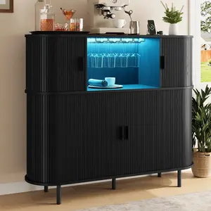 ONBRILL 55" Fluted Wine Bar Cabinet with LED Lights Coffee Bar Cabinet with Power Outlet Modern Liquor Whiskey Cabinets with Wine Rack and Glass Holder Home Bar for Living Room Kitchen