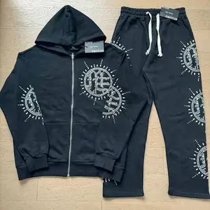 Mixed Emotion Rhinestone Hooded Pullover Hoodie Jacket, Mixed Emotion Casual Long Pants