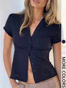 Women's Pure Color Bubble Sleeve Ruffle Ruffled Elegant Commuter Button Waist Cinching Slimming Top Blouse Shirts, Stylish Office Wear, Comfortable Fit, Womenswear, Minimalist