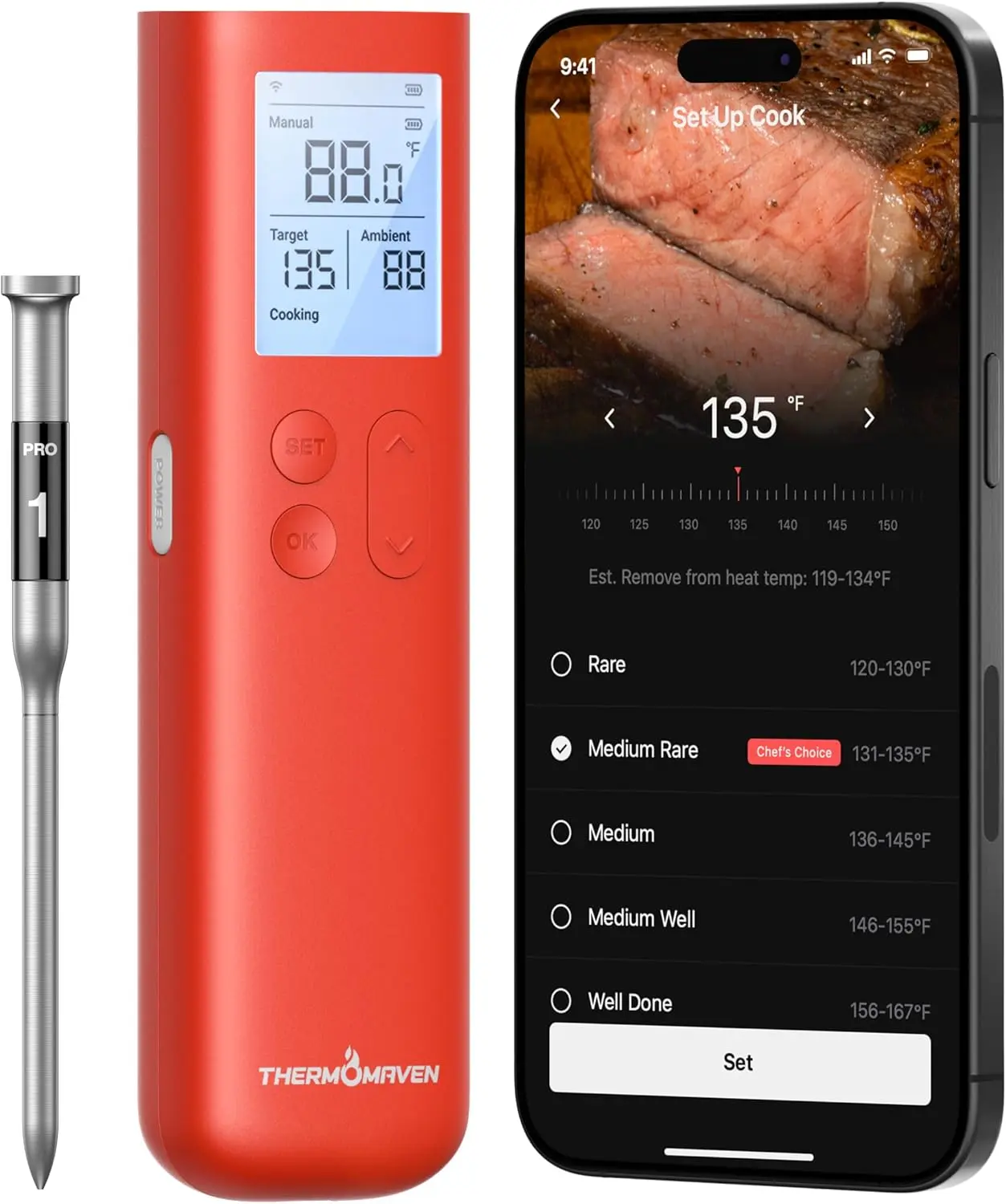 Thermomaven Smart Bluetooth Wireless Meat Thermometer, 10X Enhanced Sub-1G Signal and Stability, Standalone Display Base, Certified Accuracy ±0.5°F, Wifi Unlimited Range for BBQ, Oven, Smoker, Grill ThermoMaven