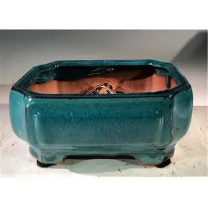 212 MAIN Professional Series Ceramic Bonsai Pot - Ceramic Material, Blue & Green, Rectangle, for Home Improvement & Garden Supplies Use, Drainage Holes, Pre-Wired