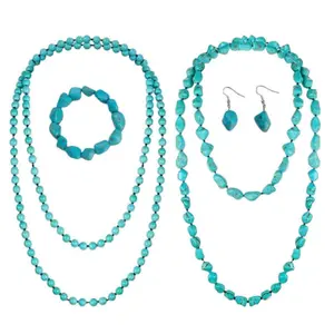 4 Pcs Turquoise Beads Necklace Bracelet Earring Set 47.5 Inch Long Endless Necklace Multi Strand Layer Knotted Homemade Jewelry